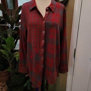 Soft Surroundings Fleece Top Women's Red Gray Buffalo Plaid Shirt Large